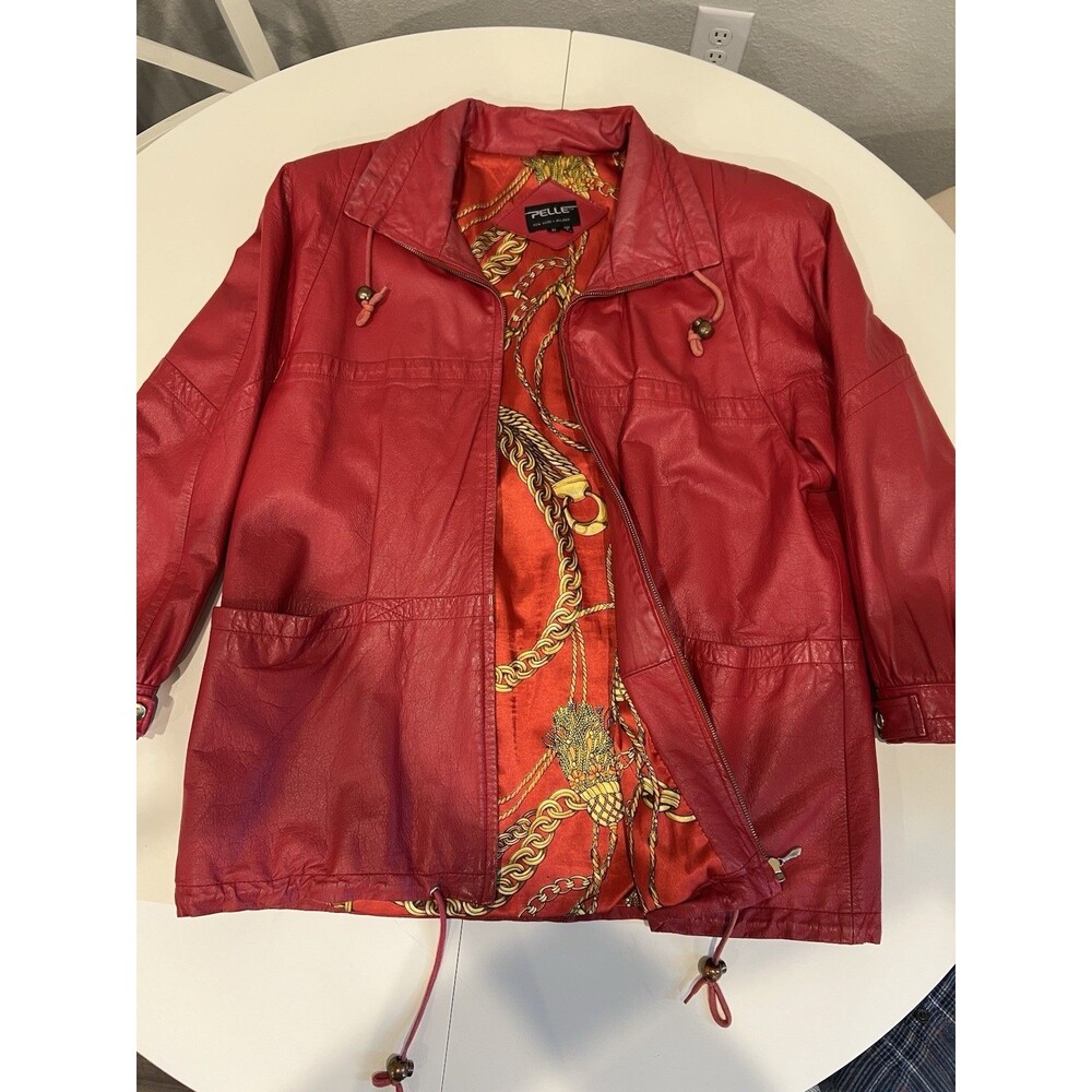 Vintage Pelle New York Milano Red Leather Jacket Sz L Gold Chain Baroque Lining